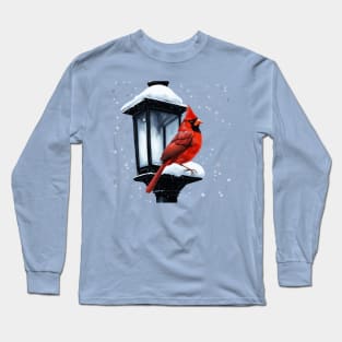 Winter Scene With Cardinal Bird Holiday Christmas Long Sleeve T-Shirt